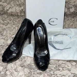 JUST Cavalli Black Leather Peep Toe Platform Shoes With Petals